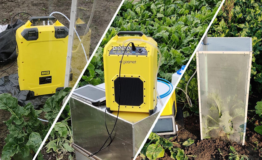 Collage of Gasmet’s portable gas analyzer in a sugar beet field next to a chamber system.